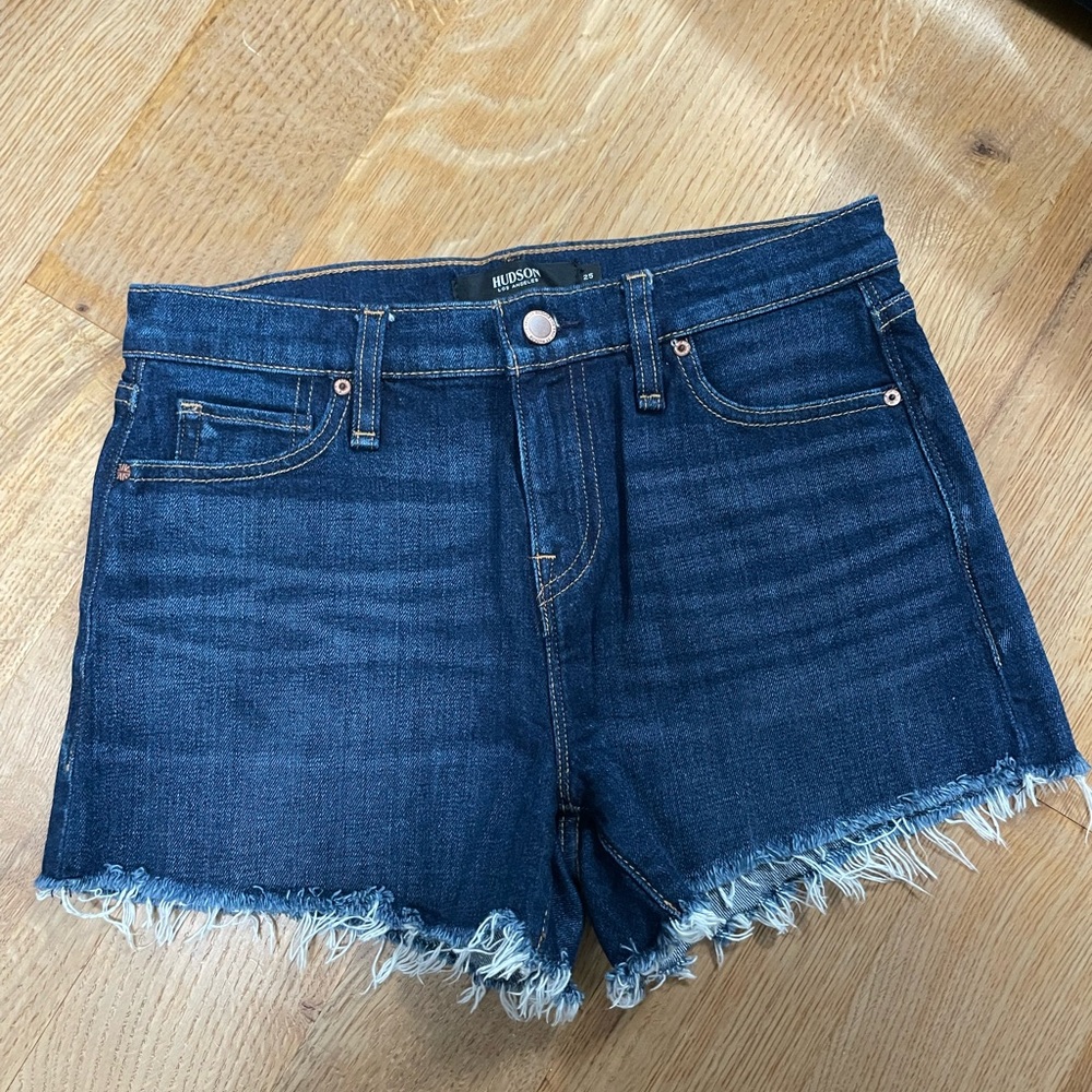 Hudson Jeans Blue Jean Shorts with High Waist and Frayed Hem